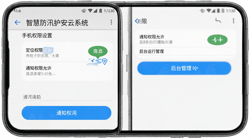 智慧防汛护安云系统 手机权限设置界面 安卓系统设置页 定位权限开启 通知权限允许 后台运行管理 蓝色高亮按钮 干净整洁 高清画质