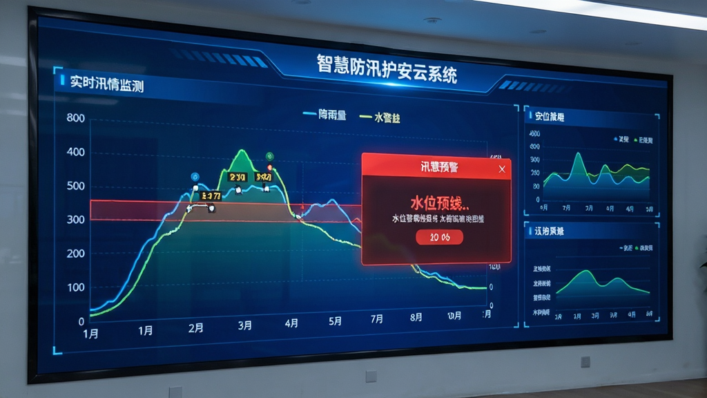 智慧防汛护安云系统 实时汛情监测界面 大屏数据可视化 降雨量曲线图 水位警戒线 红色预警弹窗 科技感蓝色背景 画质清晰 无杂乱元素
