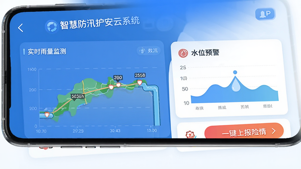 智慧防汛护安云系统 手机应用主界面 蓝色调 实时雨量监测图表 水位预警卡片 一键上报险情按钮 简洁扁平化设计 布局清晰 高画质 干净无多余元素