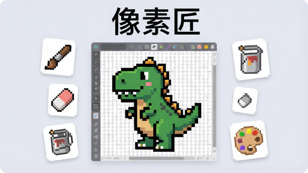 一张展示像素匠软件核心全貌的图片,画面中央是像素匠的像素画布界面,画布上有一个正在绘制的像素风格小恐龙,周围悬浮着画笔、橡皮、油漆桶、调色盘等工具图标,背景是柔和的浅灰色,整体风格简洁明快,画质干净清晰,无多余元素,图片上方有文字“像素匠”