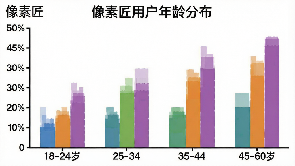 一张展示像素匠用户年龄分布的柱状图,横轴是年龄段18-24岁、25-34岁、35-44岁、45-60岁,纵轴是用户占比,柱状图颜色分别为蓝色、绿色、橙色、紫色,图表标题为“像素匠用户年龄分布”,风格简洁清晰,画质干净,图片中有文字“像素匠”