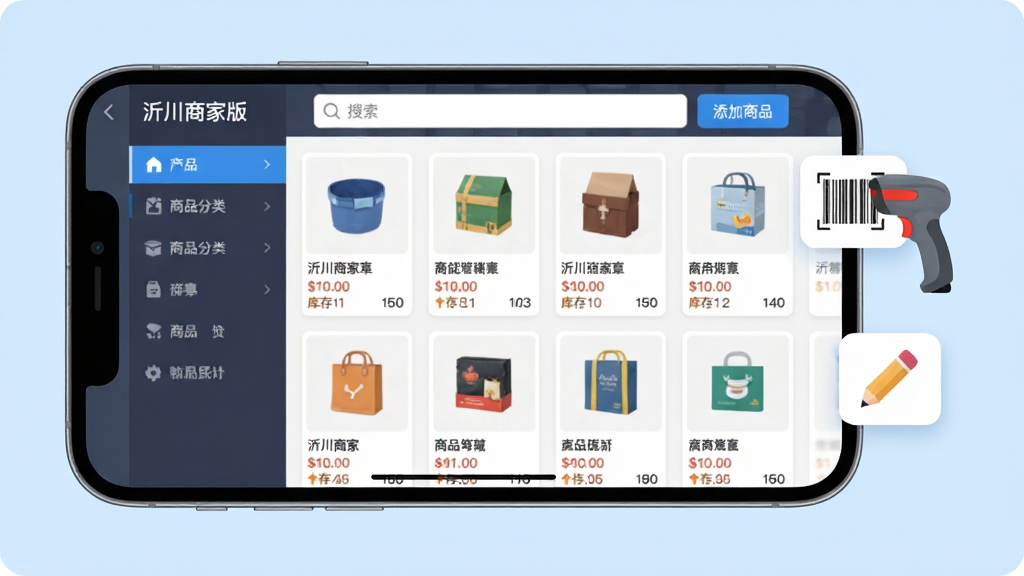 沂川商家版商品管理界面,画面展示一部手机横屏放置,屏幕内是商品列表页面,左侧是商品分类导航栏,右侧是商品卡片网格,每张卡片包含商品图片、名称、价格和库存数量,顶部有搜索框和添加商品按钮,画面右侧漂浮着扫码枪和编辑铅笔的小图标,背景是干净的浅蓝色,扁平化设计风格,文字标签清晰,画质明亮通透,无杂乱元素
