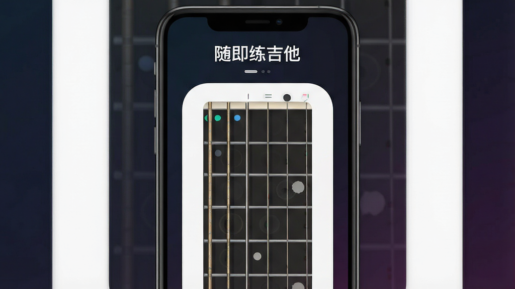 一张展示“随即练吉他”App核心界面的手机屏幕截图,画面中央是吉他指板练习界面,上方显示“随即练吉他”软件名称,背景是深色渐变风格,界面布局简洁,排版清晰,风格现代扁平,细节圆润,画质干净,无多余元素