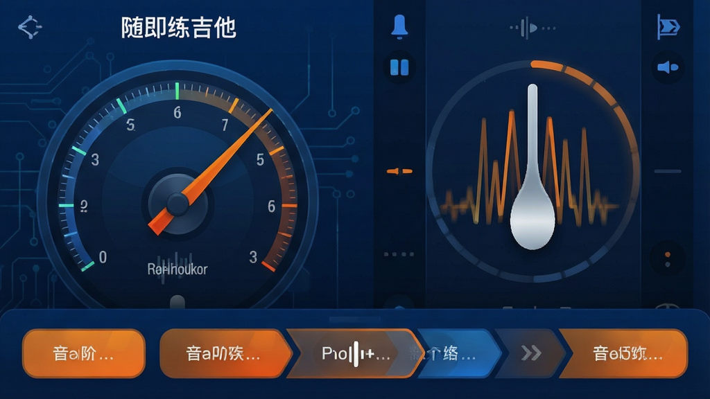 一张展示“随即练吉他”App内节拍器与调音器功能的界面截图,画面左侧是调音器指针表盘,右侧是节拍器摆锤动画,底部有音阶练习模式选择按钮,整体界面以深蓝色和橙色为主色调,风格现代科技感,布局合理,画质干净,无多余元素