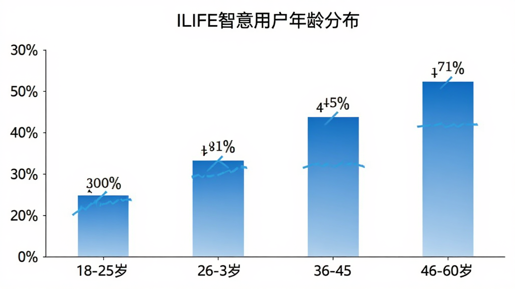 ILIFE智意用户年龄分布柱状图,横轴为年龄段标注18-25岁、26-35岁、36-45岁、46-60岁,纵轴为用户占比百分比,柱状图颜色为蓝色渐变,每个柱子上方标注具体百分比数值,图表标题为“ILIFE智意用户年龄分布”,背景白色简洁风格,画质清晰无多余元素