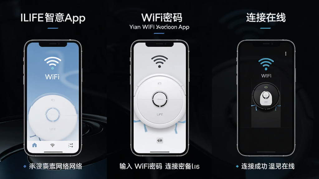 ILIFE智意App连接扫地机器人操作步骤示意图,画面分为三个部分从左到右依次展示手机搜索WiFi网络、输入WiFi密码连接设备、连接成功显示设备在线,每一步都有手机屏幕截图和简洁文字标注,背景是淡蓝色渐变,风格清新扁平化,画质清晰无杂乱元素