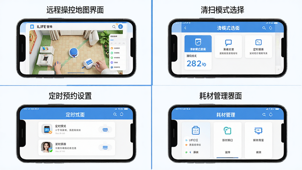 ILIFE智意软件功能模块展示图,画面采用四宫格布局分别展示远程操控地图界面、清扫模式选择界面、定时预约设置界面、耗材管理界面,每个格子中的手机屏幕内容清晰可辨,整体风格统一为蓝白配色扁平化设计,文字标签使用中文标注,画质高清干净无杂乱元素
