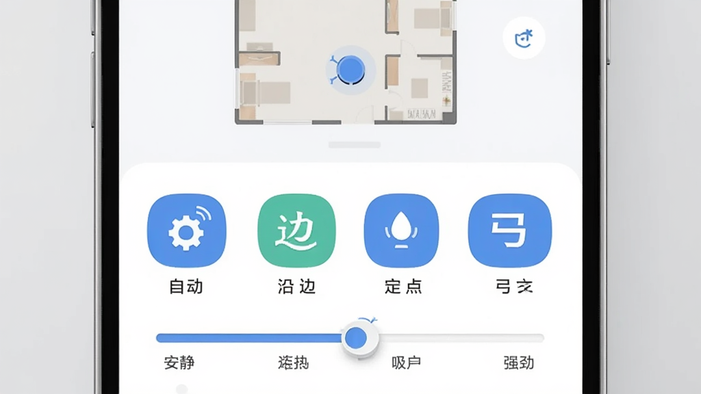 ILIFE智意App清扫模式选择界面展示图,画面主体是手机屏幕特写,屏幕上显示四种清扫模式图标横向排列分别是自动、沿边、定点、弓字,下方有吸力调节滑块从安静到强劲共四档,屏幕上方显示房间平面图和机器人位置标记,背景是浅灰色极简风格,图标设计圆润清晰,画质干净无多余装饰
