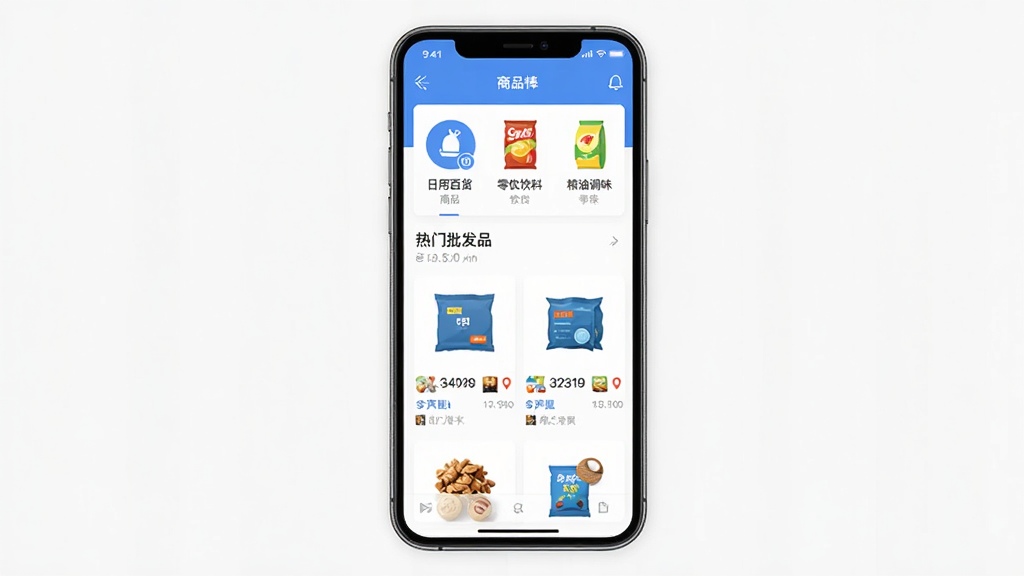 棒棒进货app主界面全貌展示,手机屏幕中央是商品分类导航栏,包含日用百货、零食饮料、粮油调味等图标,下方是热门批发商品瀑布流,整体布局清晰,蓝白配色,现代扁平化风格,画面干净整洁,无多余装饰元素