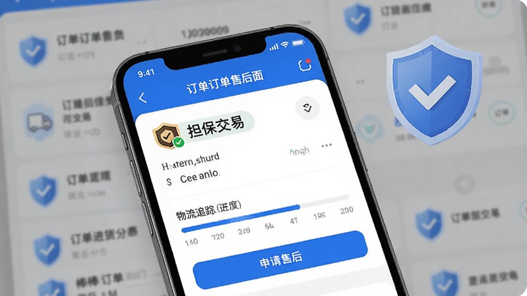 棒棒进货订单售后保障界面展示,手机屏幕显示订单详情页,包含担保交易标识、物流追踪进度条、申请售后按钮,背景是订单列表,整体风格简洁,安全感的蓝色盾牌图标点缀,画质清晰,无杂乱元素