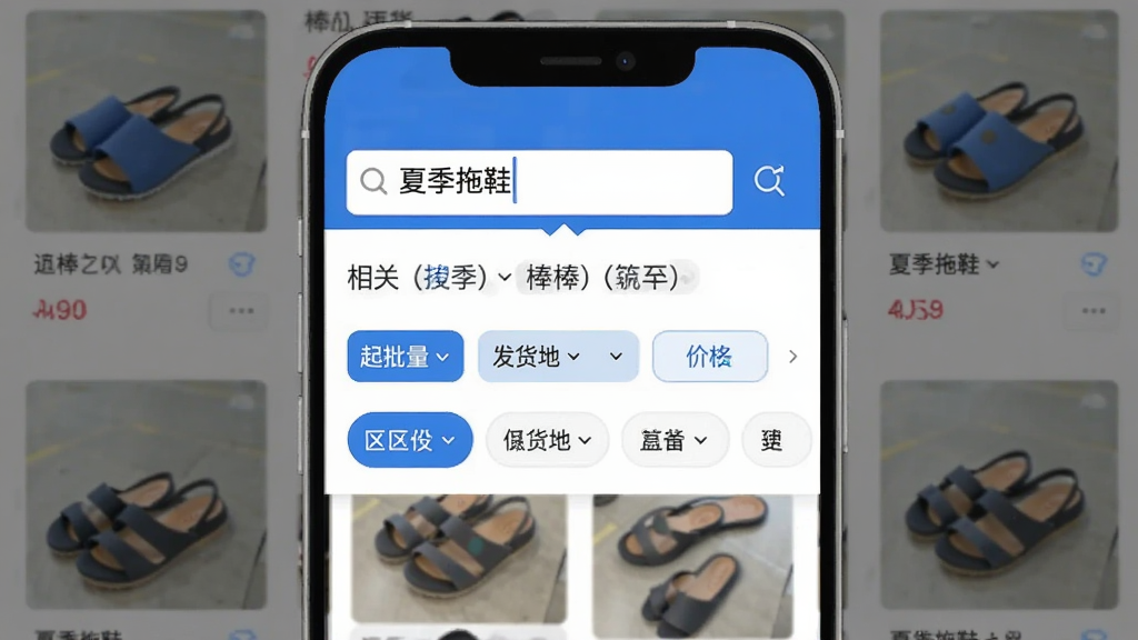 棒棒进货商品搜索界面展示,手机屏幕显示搜索框内输入“夏季拖鞋”,下方弹出相关联想词和筛选条件栏,包括起批量、发货地、价格区间等选项,背景是商品列表缩略图,界面干净,文字清晰,蓝白主色调,扁平化设计风格
