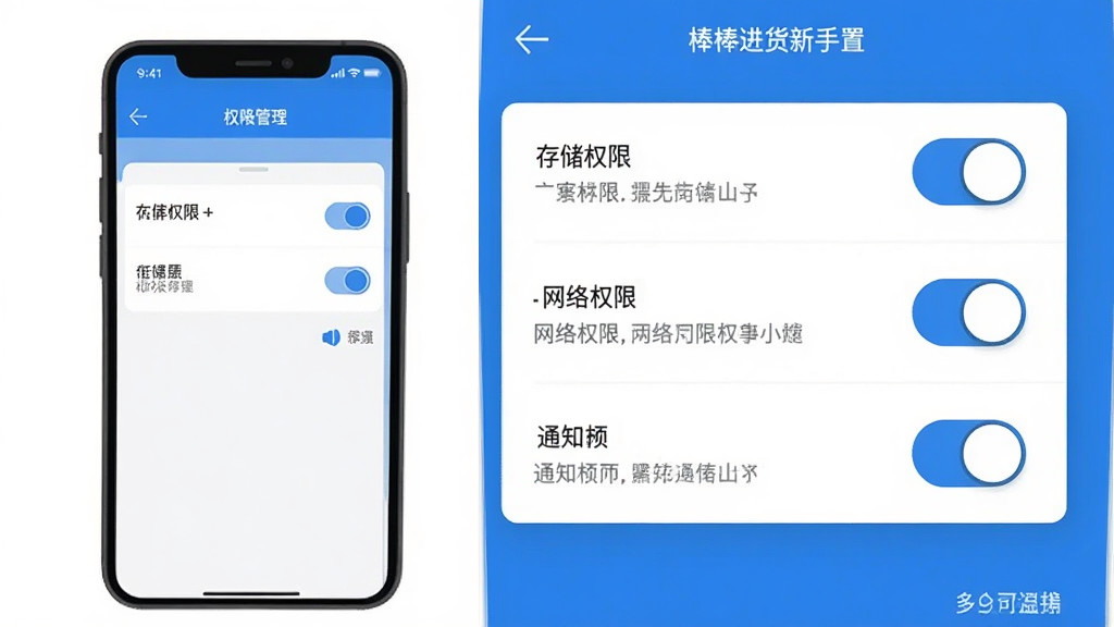 棒棒进货新手设置界面展示,手机屏幕显示权限管理页面,包含存储权限、网络权限、通知权限的开关按钮,旁边有文字说明提示,界面设计简洁,蓝白配色,扁平化风格,无多余装饰