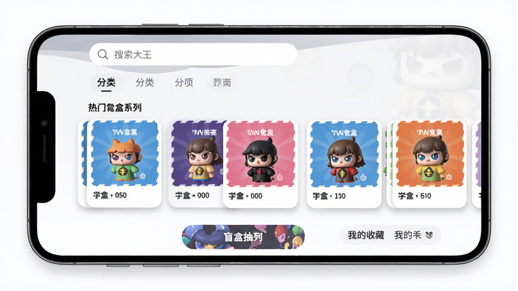 盲盒大王应用主界面展示,主体为手机屏幕中显示盲盒抽盒页面,布局上顶部为搜索栏和分类标签,中间是热门盲盒系列卡片横向滑动展示,底部为抽盒按钮和我的收藏入口,排版清晰有层次,风格为现代扁平化设计,细节上卡片带有轻微阴影和圆角,画质高清干净无多余元素