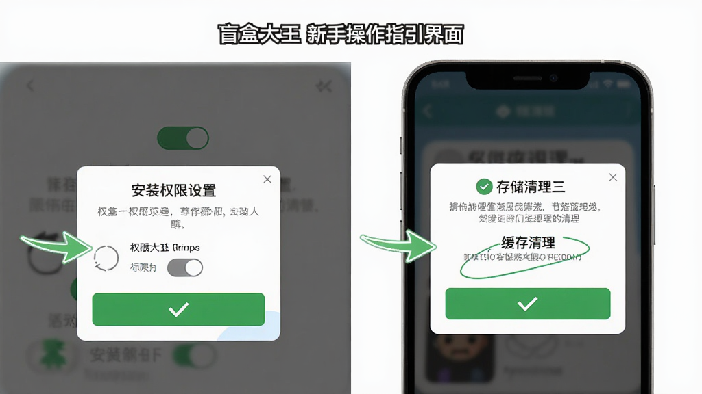 盲盒大王新手操作指引界面展示,主体为手机屏幕中显示安装权限设置和存储清理两个提示弹窗,布局上左侧为权限开关示意图,右侧为缓存清理按钮,排版采用左右分栏,风格为扁平化教程风,细节上带有箭头指引和绿色确认按钮,画质高清干净无多余元素
