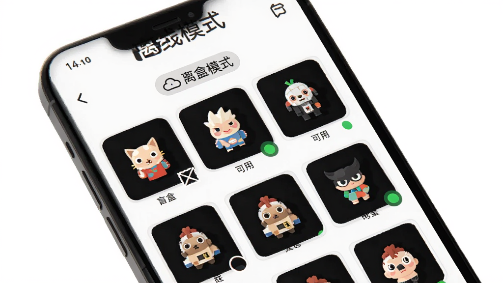 盲盒大王离线使用场景展示,主体为手机屏幕中显示盲盒图鉴页面,布局上顶部为离线模式标识,中间为盲盒系列缩略图列表,排版简洁明了,风格为扁平化设计,细节上带有小云朵断网图标和绿色可用状态点,画质高清干净无多余元素