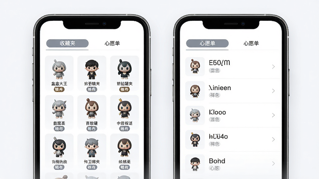 盲盒大王收藏夹与心愿单界面展示,主体为手机屏幕中显示收藏列表和心愿单两个选项卡,布局上左侧为收藏夹缩略图网格,右侧为心愿单列表,排版采用双栏对称结构,风格为清新简约风,细节上每个盲盒图标下方带有名称和稀有度标签,画质高清干净无多余元素
