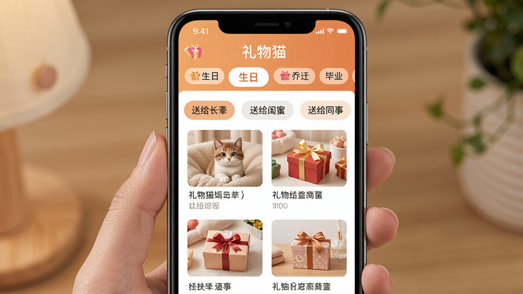 礼物猫 场景分类页面,手机屏幕展示礼物猫APP的分类界面,顶部横向排列多个场景标签如生日、结婚、乔迁、毕业等,当前选中生日标签,下方展示送给长辈、送给闺蜜、送给同事等子分类按钮,再下方是礼物列表,每项有缩略图和简短描述,界面排版整齐,风格温暖,画质干净无多余元素