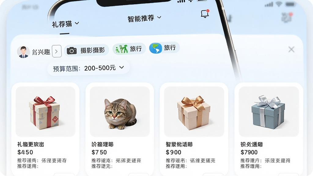 礼物猫 智能推荐界面,手机屏幕显示礼物猫APP的推荐页面,用户输入了对方的兴趣标签如摄影、旅行,预算范围200-500元,页面下方展示出多款匹配的礼物卡片,每张卡片包含礼物图片、名称、价格和推荐理由,界面简洁清爽,以白色和浅蓝色为主色调,画质干净无多余元素