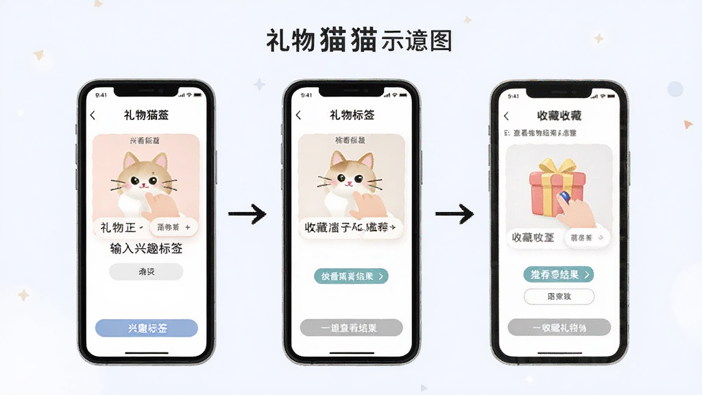 礼物猫 使用教程示意图,手机屏幕展示礼物猫APP的操作步骤,从输入兴趣标签到查看推荐结果再到收藏礼物的完整流程,每个步骤用箭头连接,界面简洁明了,以浅色背景为主,画质干净无多余元素