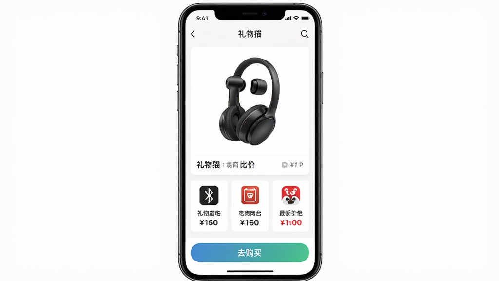 礼物猫 比价功能界面,手机屏幕展示礼物猫APP的比价页面,页面中央是一款蓝牙耳机的商品卡片,下方列出三个电商平台的价格对比,每个平台有logo和价格数字,最低价用红色标注,底部有去购买按钮,界面清晰直观,风格现代,画质干净无多余元素