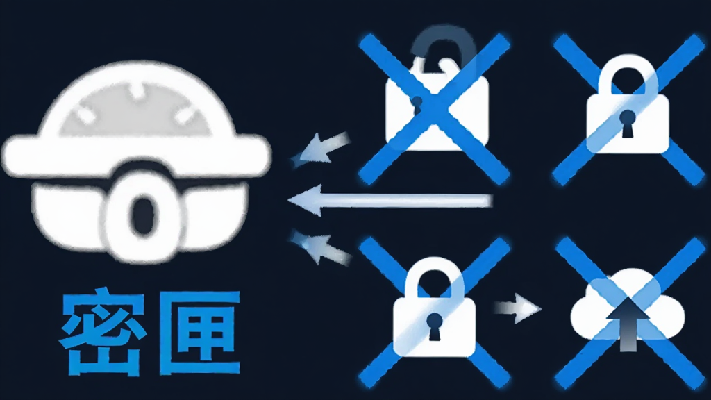 一张信息图表风格的插画,左侧是“密匣”的图标,右侧是几个打叉的图标代表广告、会员锁、云上传,中间用箭头连接,表示密匣摒弃了这些繁琐元素,整体风格简洁,深蓝背景,白色和亮蓝色文字,画质清晰,无多余元素