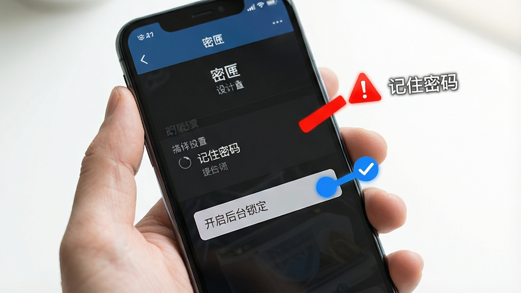 一张手机操作示意图,画面中一只手拿着手机,屏幕上显示密匣的设置界面,旁边有红色警告标志指向“记住密码”的提示,以及蓝色对勾指向“开启后台锁定”的选项,风格写实,光线明亮,画质清晰,无多余元素