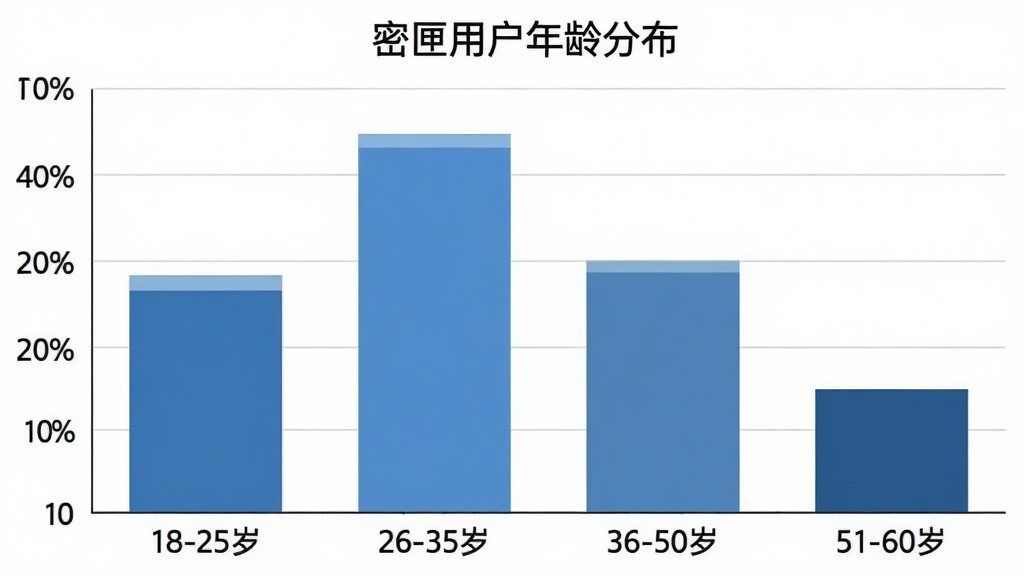 一张柱状图,横轴显示年龄段“18-25岁”“26-35岁”“36-50岁”“51-60岁”,纵轴显示用户占比百分比,柱子高度分别约为30%、40%、20%、10%,图表标题为“密匣用户年龄分布”,配色为蓝色系,风格简洁专业,画质清晰,无多余元素