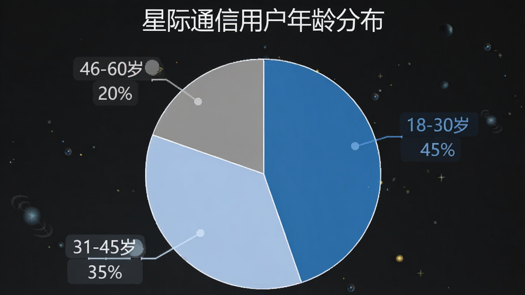一个饼状图,标题为“星际通信用户年龄分布”,图表分为三块,分别标注“18-30岁 45%”、“31-45岁 35%”、“46-60岁 20%”,饼图颜色为蓝色、浅蓝和灰色,数据清晰,背景干净,风格专业简洁