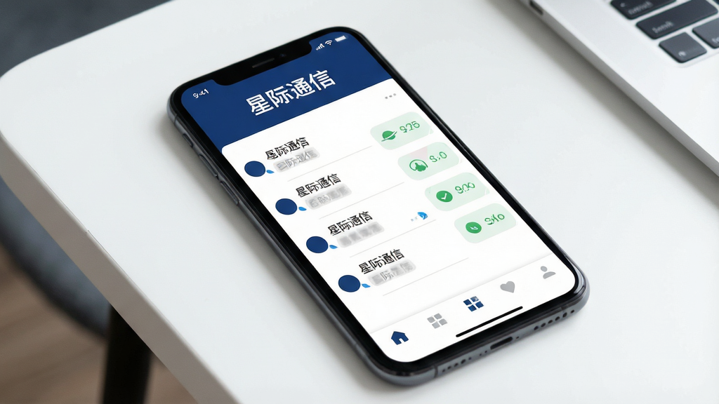 一张手机屏幕特写,屏幕上显示着一款名为“星际通信”的APP界面,界面主色调为深蓝色与白色,顶部有“星际通信”四个字,中间是清晰的聊天列表和连接状态图标,底部是简洁的导航栏,背景是干净的桌面,风格现代扁平,画质清晰,无多余元素