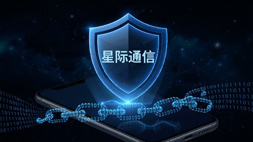 一个抽象的蓝色盾牌图标悬浮在手机屏幕上方,盾牌中央有“星际通信”字样,盾牌下方是流动的二进制代码组成的锁链,背景是深色星空,风格科技感十足,画面干净,重点突出安全与加密的概念