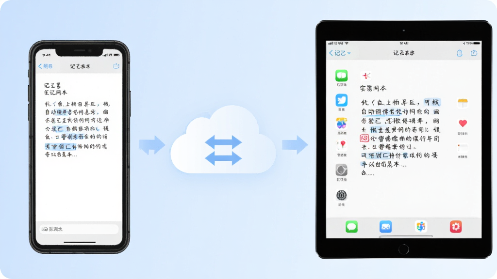 一张展示记了么App自动保存与同步功能的示意图,画面左侧是一部手机正在输入文字,右侧是一台平板电脑显示相同内容已同步,中间用云朵图标和双向箭头连接,背景为淡蓝色渐变,风格扁平化科技感,细节干净,画质清晰,无杂乱元素