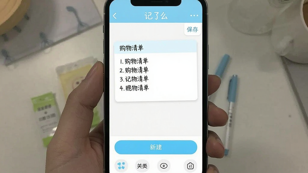 一张手机屏幕展示记了么App主界面的图片,画面中央是纯白色背景的便签编辑页面,顶部有“记了么”文字标识,中间显示一条已保存的购物清单便签,底部为新建按钮和分类标签,整体风格极简清新,以浅蓝和白色为主色调,图标圆润,无任何广告横幅,画质干净清晰,无多余元素