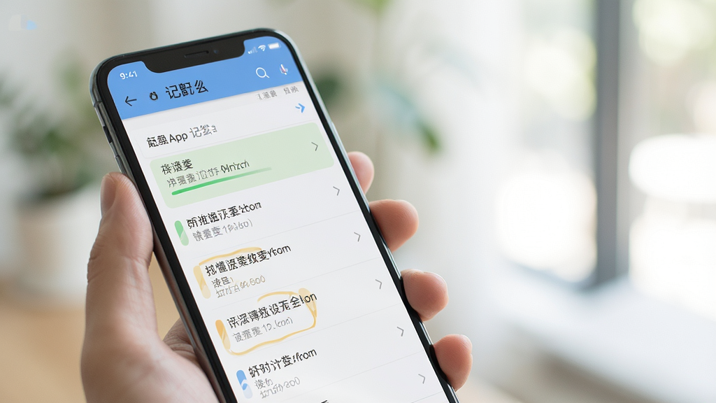 一张展示记了么App在手机上运行流畅、界面无卡顿的示意图,画面为手持手机的特写,屏幕上显示便签列表滑动顺畅,背景虚化,光线明亮,风格写实,细节清晰,画质干净,无多余元素