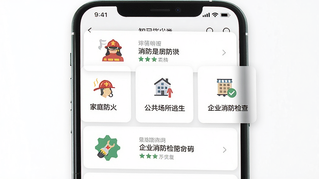 消防易应用内知识分类页面展示,手机屏幕上显示家庭防火、公共场所逃生、企业消防检查等分类卡片,每张卡片配有对应的扁平化图标,背景为干净的白色,界面布局整齐,风格简约现代,画质清晰无多余元素