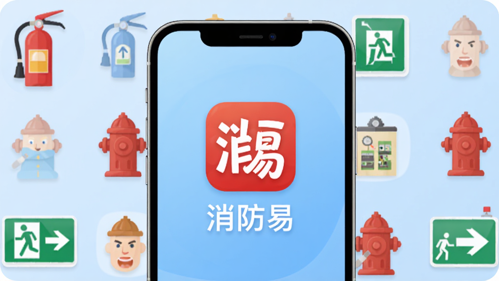 消防易软件主界面展示,手机屏幕中央显示消防易应用图标和名称,背景是浅蓝色渐变,周围环绕灭火器、消防栓、安全出口标志等扁平化图标元素,整体布局简洁,风格现代清新,细节圆润,画质干净无多余元素