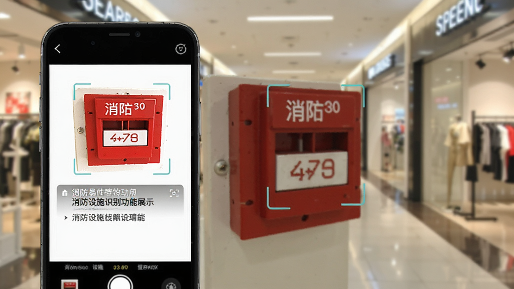 消防易软件内消防设施识别功能展示,手机摄像头对准一个红色消防报警按钮,屏幕显示识别结果和设施说明文字,界面风格简洁,背景为商场走廊,画质清晰,风格写实