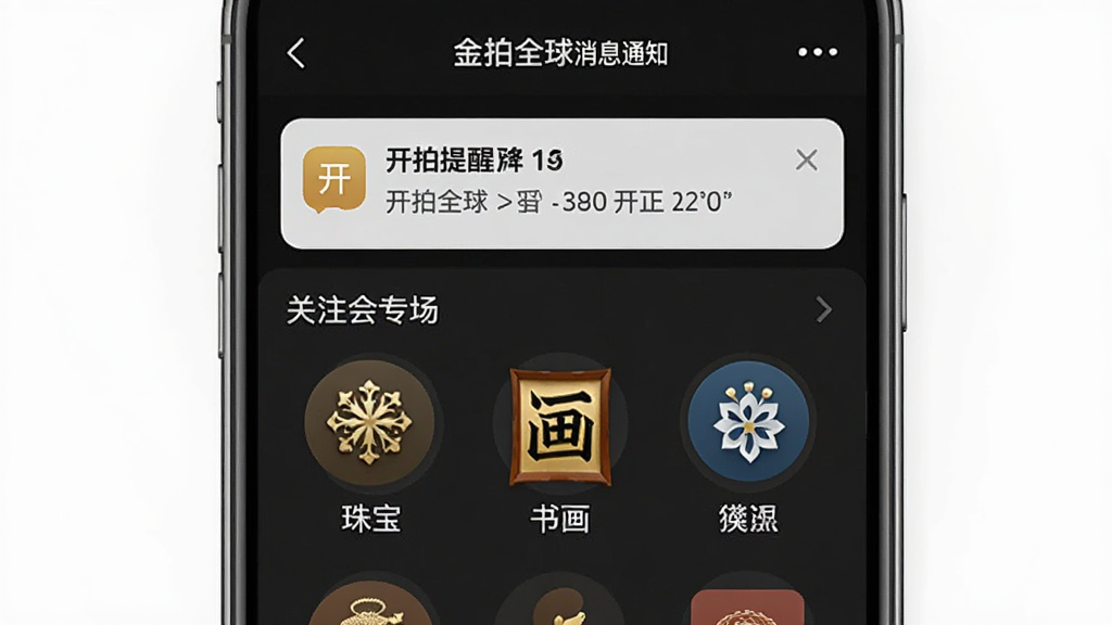 金拍全球消息通知界面,手机屏幕显示一条开拍提醒通知,下方是关注的专场列表,包含珠宝、书画等图标,界面风格简洁,文字清晰,画质干净