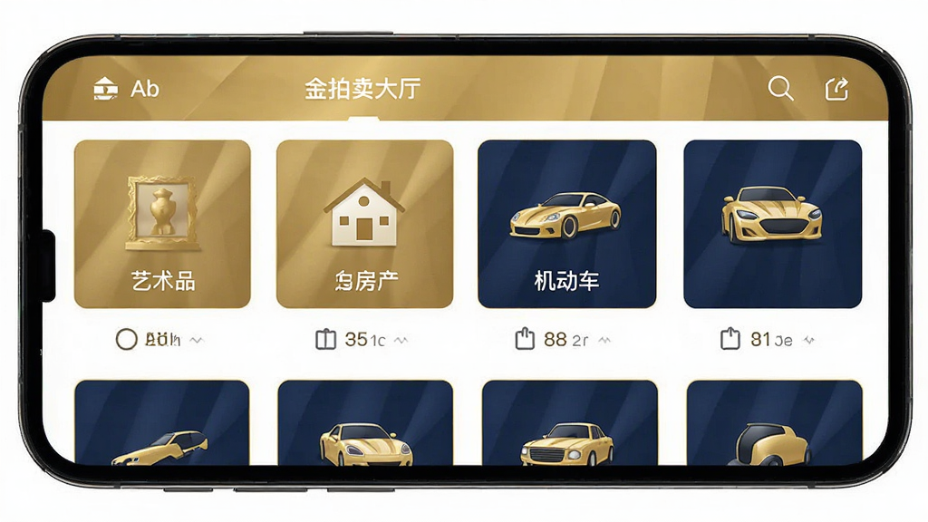 金拍全球应用主界面展示,手机屏幕中显示拍卖大厅列表,包含艺术品、房产、机动车等分类图标,界面以金色和深蓝色为主色调,布局清晰,风格现代简洁,画质干净无多余元素