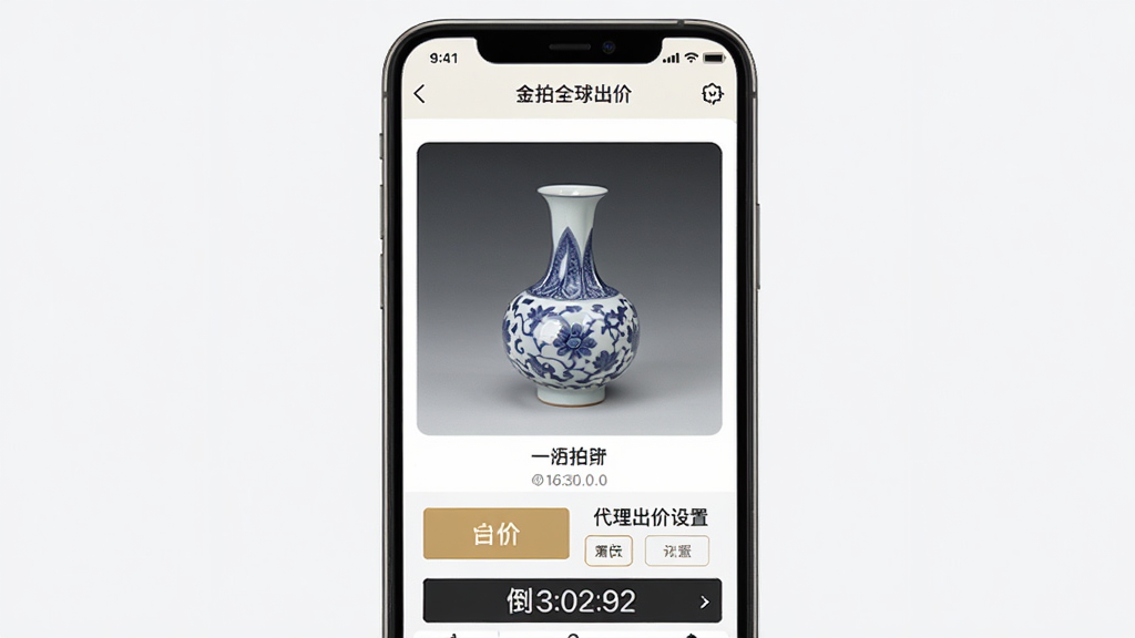 金拍全球实时出价界面,手机屏幕显示一件瓷器拍品,下方有出价按钮和代理出价设置选项,界面有倒计时显示,背景为简洁的浅色,风格干净利落,画质清晰