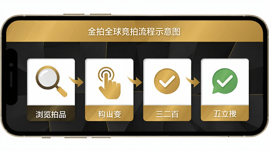 金拍全球竞拍流程示意图,手机屏幕显示从浏览拍品到出价成功的四个步骤,包含放大镜、手指点击、确认出价、成功提示等图标,界面风格扁平化,金色点缀,画质干净无多余元素