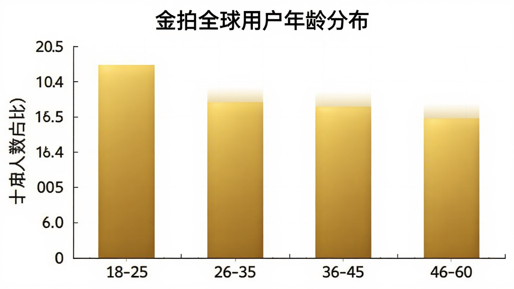 金拍全球用户年龄分布柱状图,横轴为年龄段18-25、26-35、36-45、46-60,纵轴为用户人数占比,柱状图颜色为金色渐变,图表标题为“金拍全球用户年龄分布”,背景为白色,画质清晰