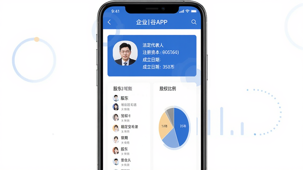 ��ҵ��APP������Ϣ��ѯ���棬�ֻ���Ļ��ʾһ�ҹ�˾����ϸ������Ϣ��Ƭ����������������ͷ��ע���ʱ����֡��������ڡ��ɶ��б��͹�Ȩ������ͼ��������ɫ��Ϊ�������Ͱ�ɫ�����ݿ��ӻ�ͼ����������ƽ��UI��Ʒ�񣬸ɾ�����������Ԫ��