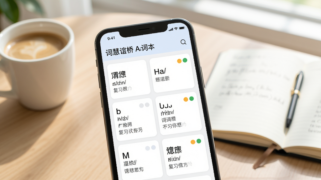 AI��ͼ������չʾ���ʻ����š�App�����ʱ����棬�ֻ���Ļ��һ���ŵ��ʿ�Ƭ�������У�ÿ�ſ�Ƭ���е��ʡ���������壬��Ƭ���Ͻ��и�ϰ����СԲ�㣬������������һ�����Ⱥ�һ���򿪵ıʼǱ�������������������ʸɾ��޶���Ԫ��
