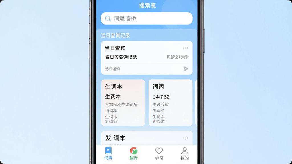 �ֻ���Ļ��������ʾ���ʻ����š�App�������棬��������ˬ��������������Ŀ���м�չʾ���ղ�ѯ��¼�����ʱ���Ƭ���ײ��дʵ䡢���롢ѧϰ���ҵ��ĸ���ǩ������Ϊ����ɫ���䣬�������ִ���ƽ���������������ʸɾ��޶���Ԫ��