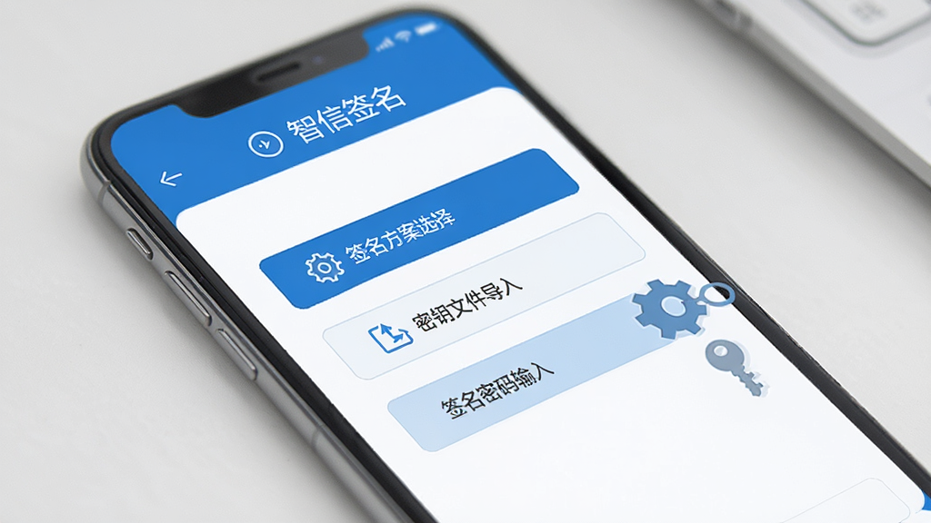 一张展示智信签名配置界面的图片,画面中手机屏幕显示智信签名的设置页面,页面上有“签名方案选择”“密钥文件导入”“签名密码输入”等选项,旁边有齿轮和钥匙的图标作为辅助元素,整体色调为蓝色和白色,风格简洁专业,画质清晰,无多余元素