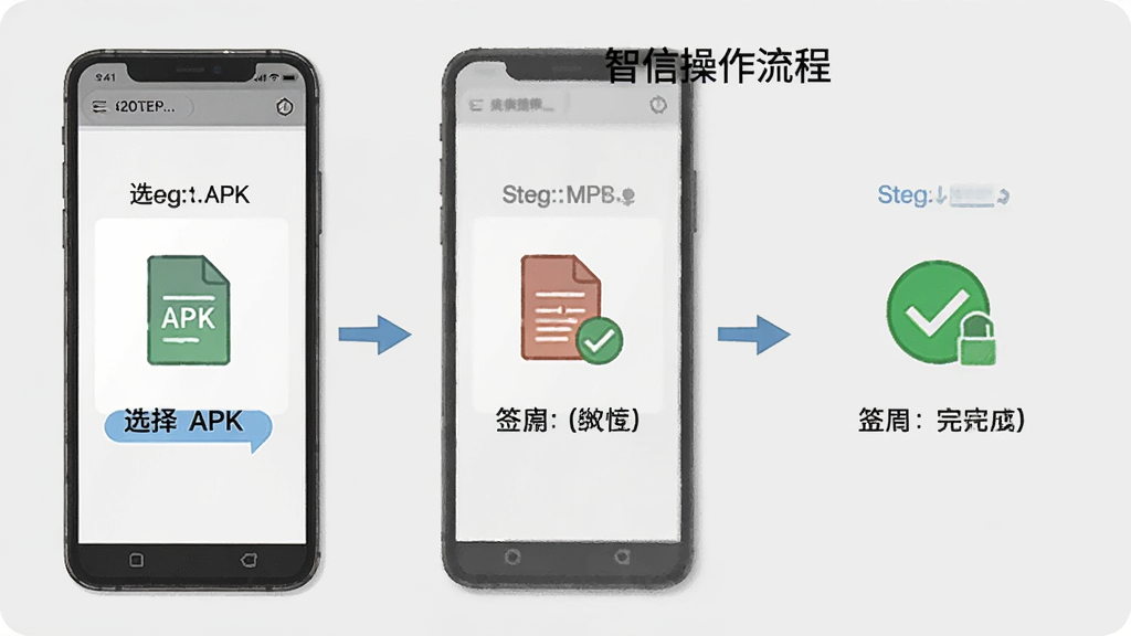 一张展示智信签名操作流程的图片,画面中手机屏幕显示从选择APK文件到签名完成的三个步骤示意图,每个步骤都有清晰的图标和文字说明,背景是浅灰色,整体风格教程化,画质清晰,无多余元素