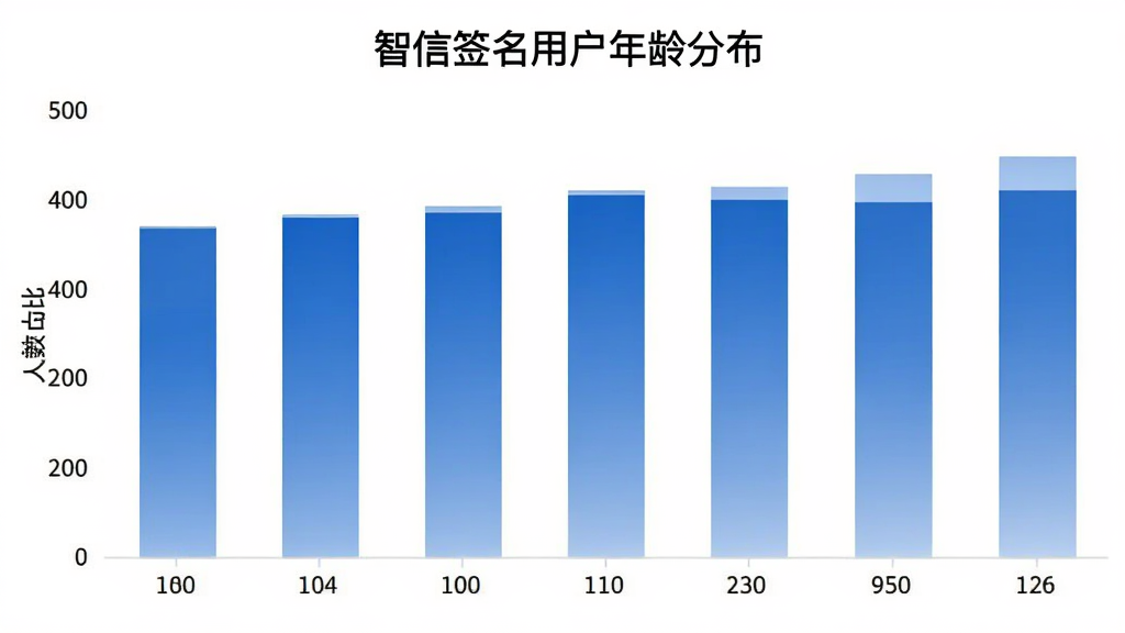 一张展示智信签名用户年龄分布的柱状图,横轴是年龄段,纵轴是人数占比,柱状图用蓝色渐变填充,图表标题为“智信签名用户年龄分布”,背景为白色,风格简洁专业,画质清晰,无多余元素