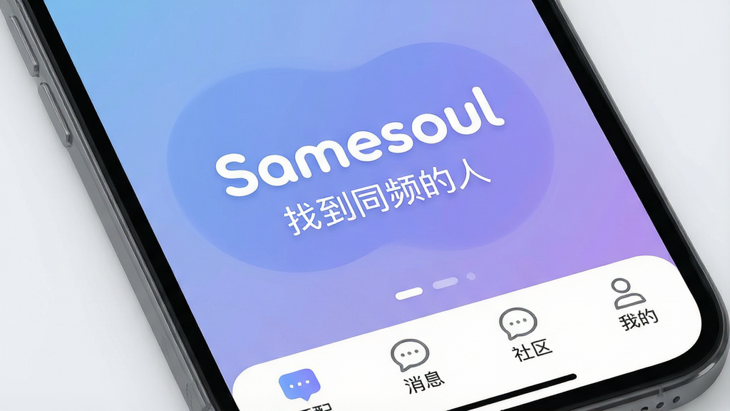一张手机屏幕特写,画面中央显示Samesoul应用的主界面,顶部是柔和的渐变蓝紫色背景,中间有醒目的Samesoul白色Logo和标语“找到同频的人”,界面布局简洁,底部有匹配、消息、社区、我的四个图标按钮,整体风格现代清新,UI细节圆润,画质干净无多余元素,高清渲染