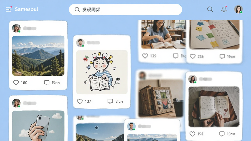 Samesoul社区广场界面的截图风格插图,画面中显示多个用户动态卡片,包含旅行风景照、手绘插画、读书笔记等,每个卡片下方有点赞和评论图标,顶部有“发现同频”的搜索栏,整体配色以浅蓝和白色为主,排版错落有致,画质清晰干净