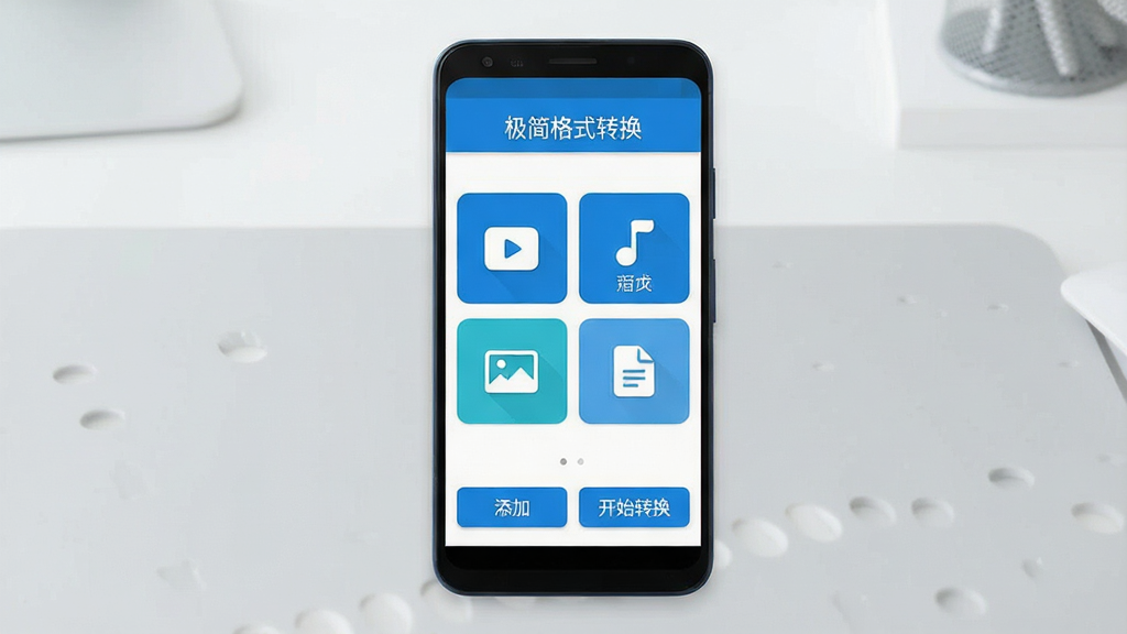 画面中央放置一部安卓手机,手机屏幕上显示“极简格式转换”APP的主界面,界面设计简洁,以蓝白配色为主,顶部是软件名称,中间是视频、音频、图片、文档四个大图标按钮,底部有添加文件和开始转换按钮。背景是干净的浅灰色工作台,光线明亮柔和,风格现代扁平,画质清晰,无多余元素。